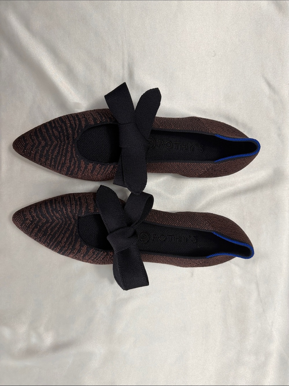 Rothy's Brown Knit Pointed Flats with Black Bow
